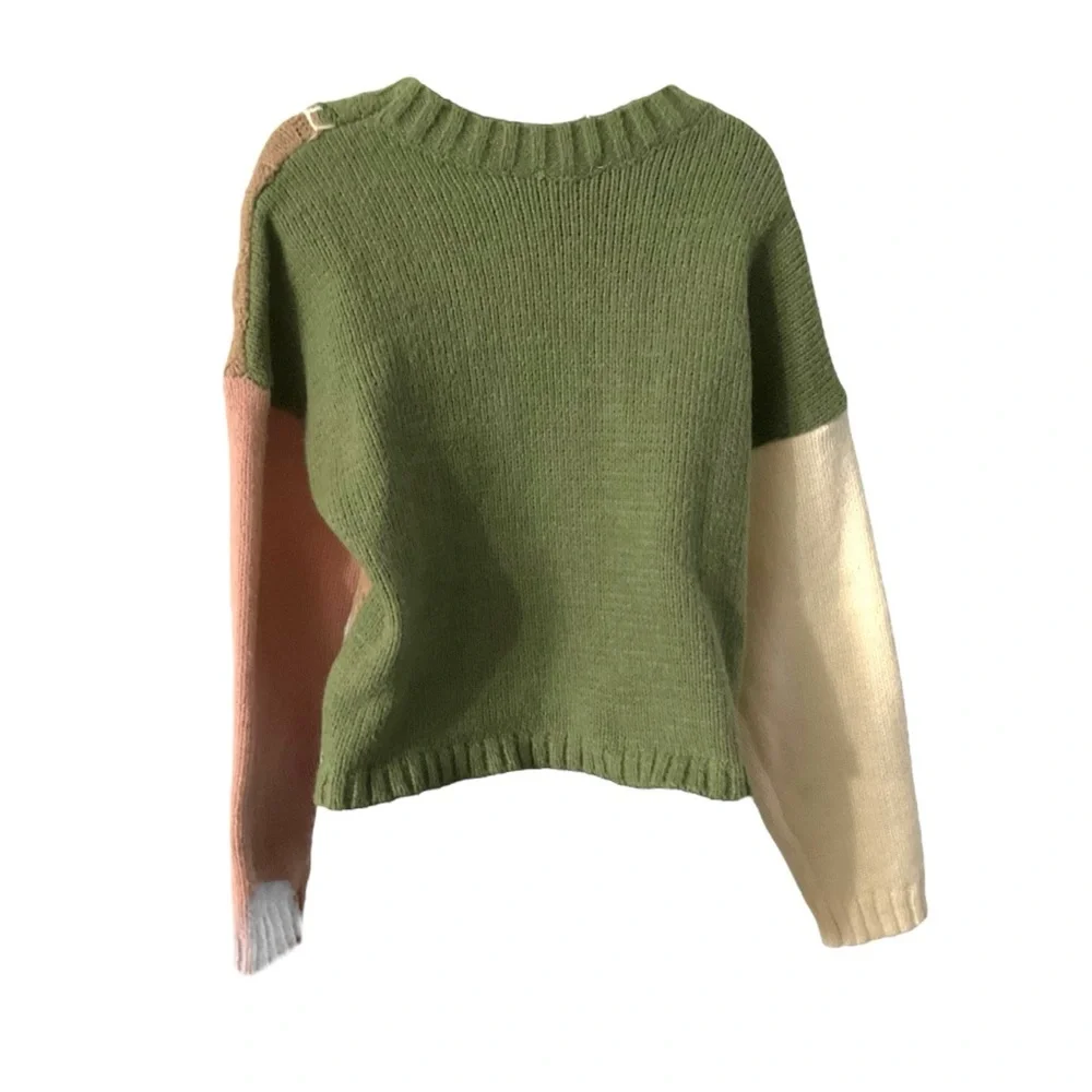 New In Colorblock Crop Sweater SZ S Women Cable Knit Long Sleeve Grunge Sporty‎